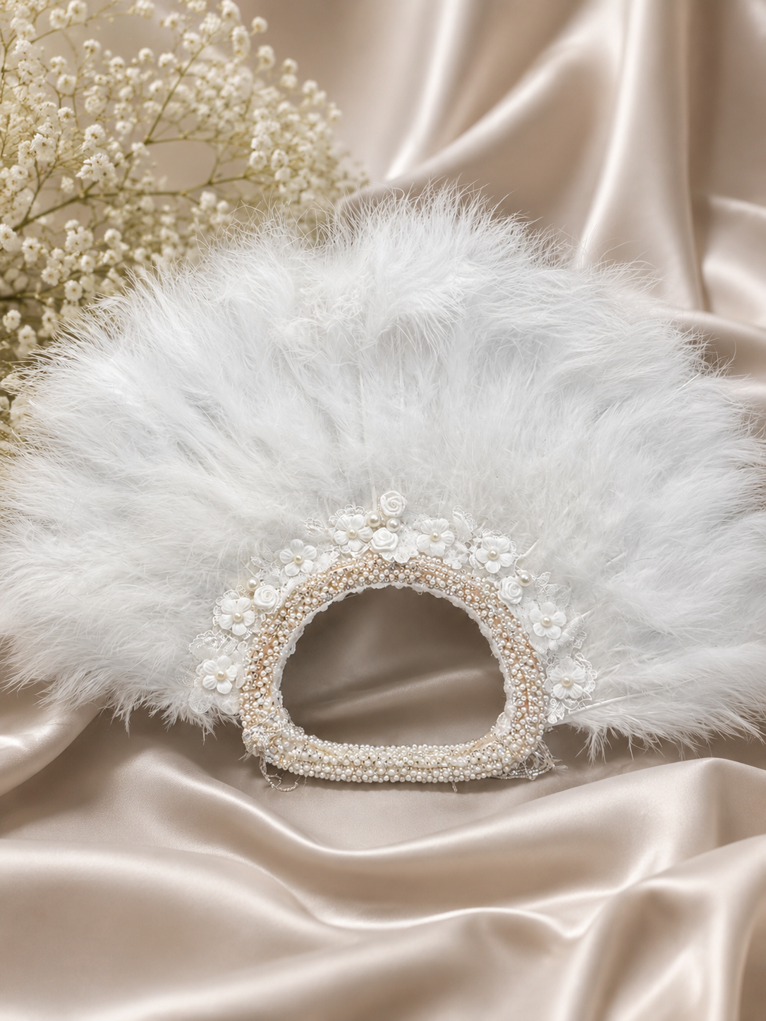Luxury White Feather Bridal Fan with Pearls, Lace & Crystal Details