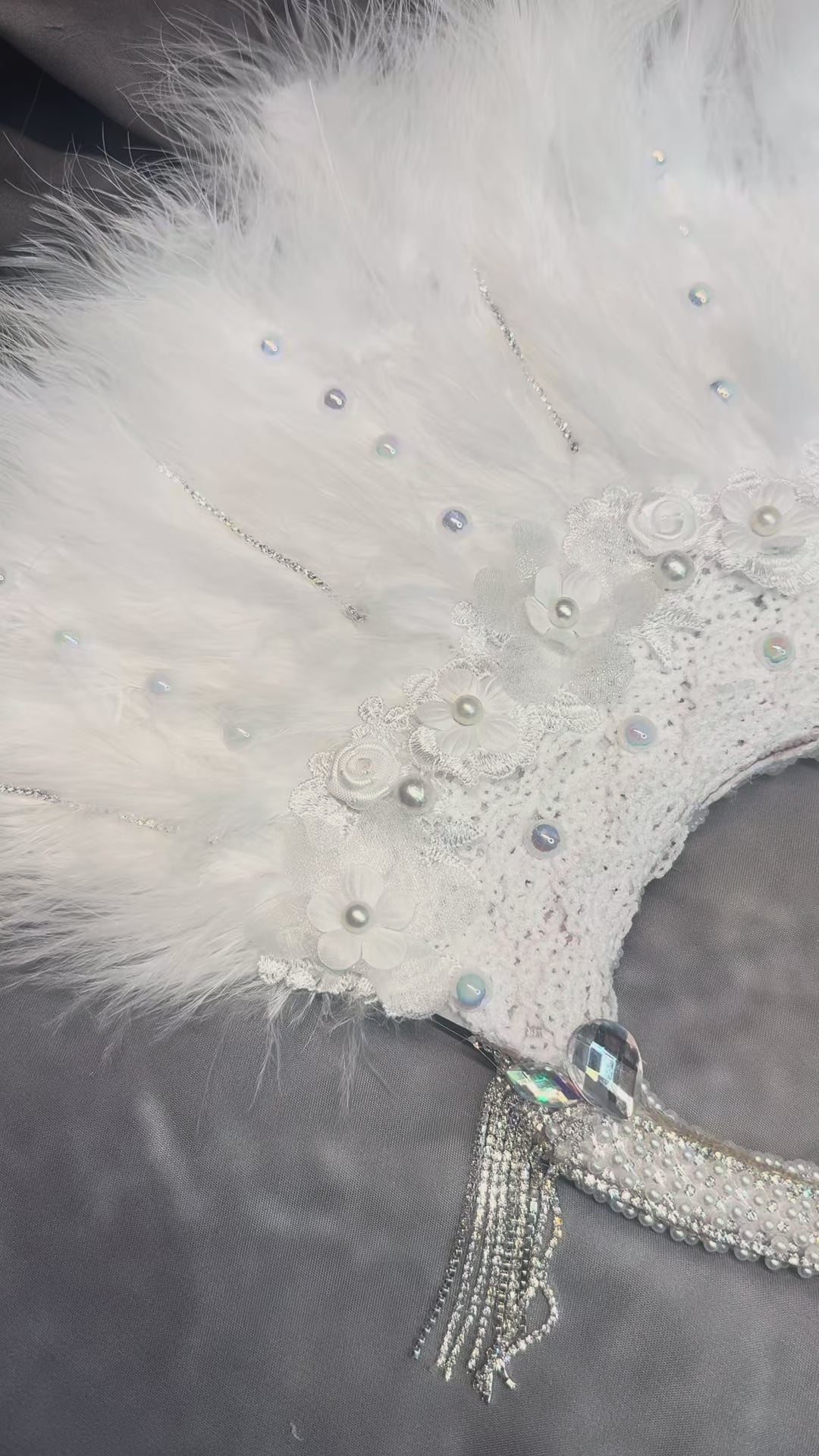 Luxury White Feather Bridal Fan with Pearls, Lace & Crystal Details